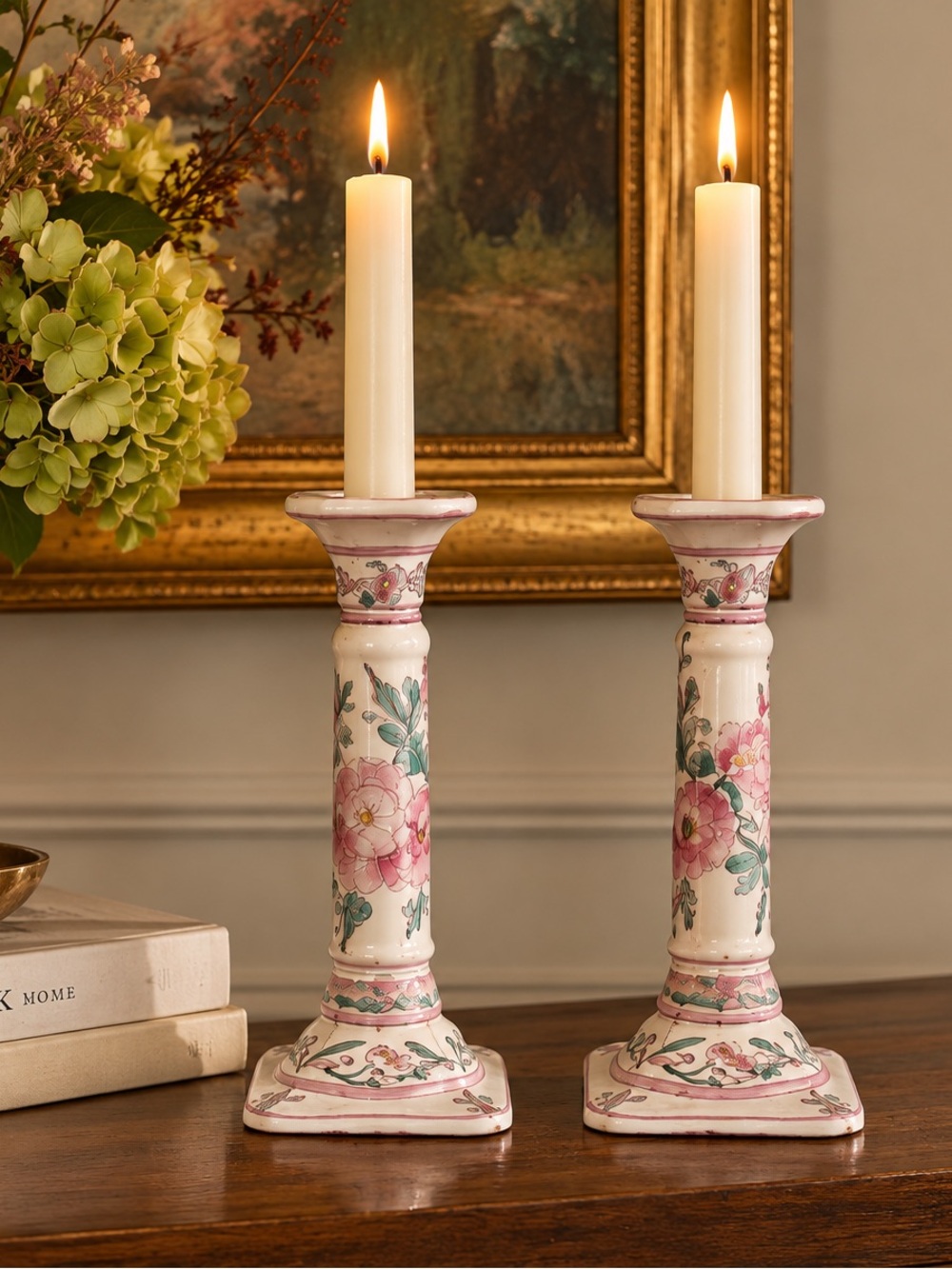 Vintage Hand-Painted Macau Porcelain Floral Candlesticks 8” – Pair